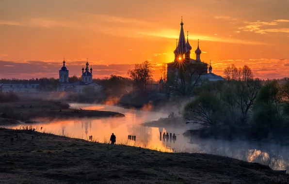Картинка туман, рассвет, село, утро, храм, Россия, Дунилово