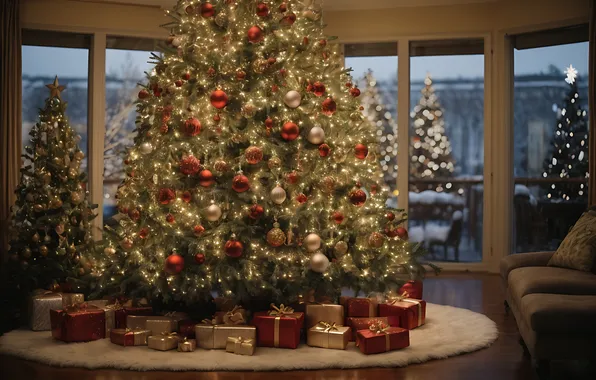 Картинка украшения, комната, елка, интерьер, Рождество, подарки, Новый год, Christmas