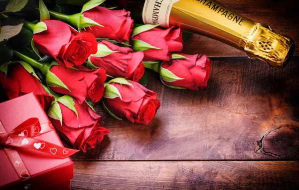 Розы, love, rose, шампанское, heart, romantic, Valentine's Day