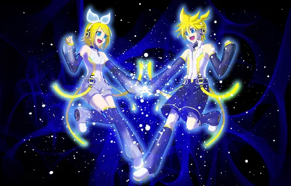 Двое, бантик, Vocaloid, Вокалоид, тёмный фон, Кагомине Лен, Кагомине Рин