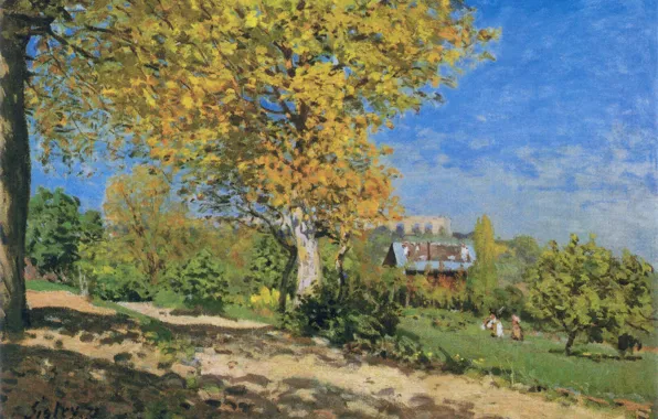 Картинка лето, небо, облака, пейзаж, дерево, картина, сад, Alfred Sisley