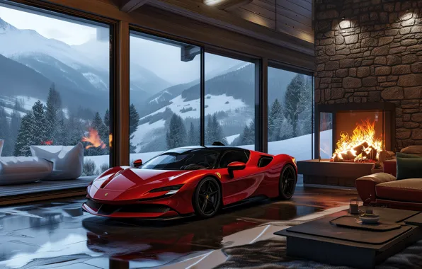 Ferrari, Cars, Winter, Fireplace, Cozy, Ferrari SF90, Ferrari SF90 Stradale, Aesthetic interior