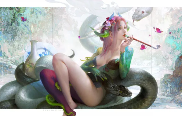 Girl, fantasy, cleavage, snake, smoking, horns, legs, butterfly