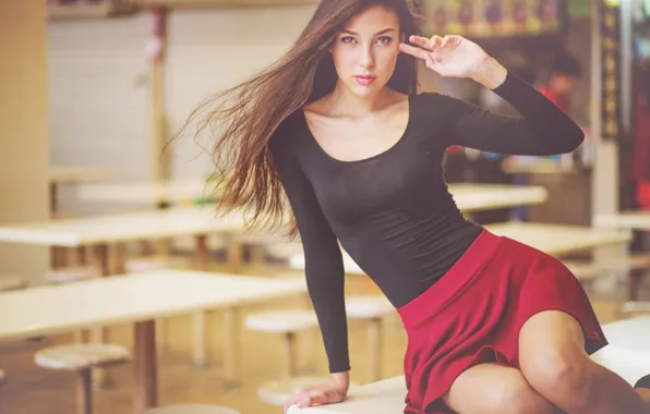 Девушка, Красная, Стол, Модель, Girl, Волосы, Юбка, Model