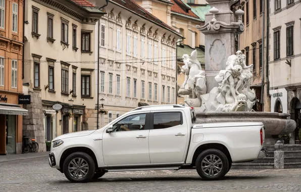 Картинка белый, Mercedes-Benz, дома, площадь, сбоку, пикап, 2018, X-Class