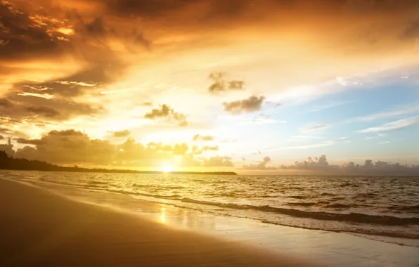 Картинка песок, море, пляж, небо, облака, пейзаж, закат, природа