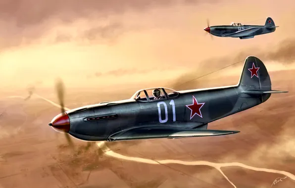Картинка Река, истребитель, пара, фронтовой, советский, лёгкий, Як-3, времён Второй мировой войны