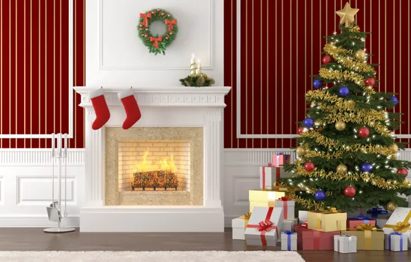 Картинка интерьер, Рождество, подарки, ёлка, камин