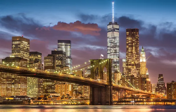Город, огни, Нью-Йорк, США, Бруклинский мост, Манхэттен