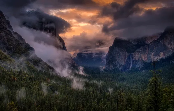 Картинка лес, небо, облака, свет, горы, водопад, Калифорния, США