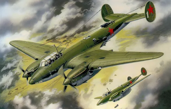 Картинка небо, рисунок, арт, бомбардировщики, Пе-2, советские, пикирующие, ВоВ