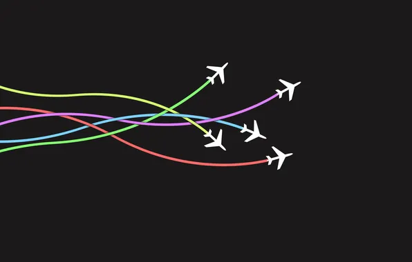 Картинка выбор, разные пути, белые самолетики, цветные линии