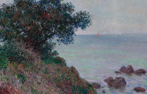 Картинка море, пейзаж, камни, дерево, скалы, Claude Monet, Клод Моне, Средиземноморское Побережье. Пасмурная Погода