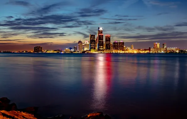 Картинка река, Мичиган, ночной город, небоскрёбы, Detroit, Детройт, Michigan, река Детройт
