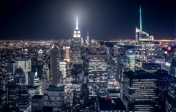 Картинка свет, ночь, город, ночные огни, дома, Нью-Йорк, США, Манхэттен