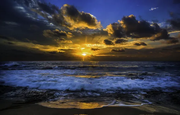 Солнце, закат, прибой, тихий океан