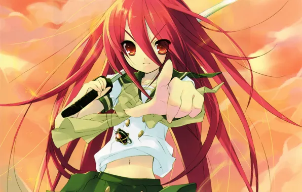 Катана, кулон, жест, shakugan no shana, shana, art, красные волосы, noizi Ito