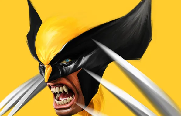 Картинка рисунок, когти, клыки, зло, Росомаха, Логан, Арт, люди икс, Wolverine, art, Marvel, x-men, Comics, жолтый