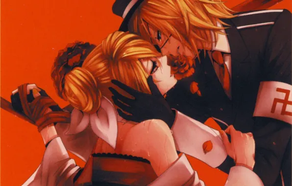 Поцелуй, руки, слезы, перчатки, vocaloid, Kagamine Rin, красный фон, art