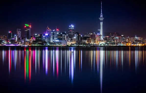 Небо, ночь, огни, река, дома, звёзды, New Zealand, Auckland