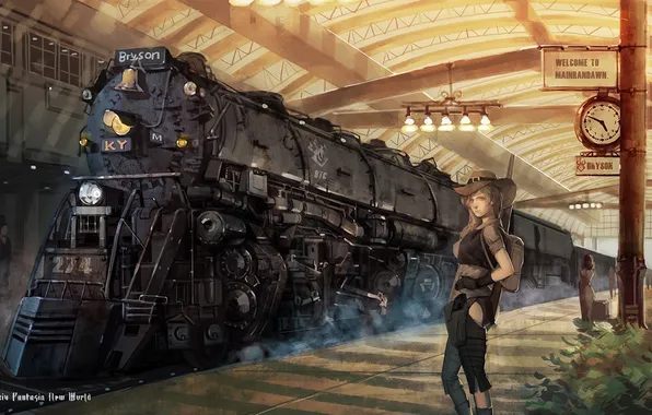 Картинка девушка, ретро, поезд, паровоз, шляпа, арт, дикий запад, pixiv fantasia