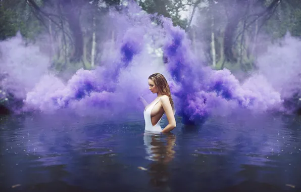 Girl, rain, smoke, purple, pond