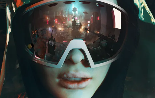 Девушка, город, отражение, очки, автомат, капюшон, революция, Homefront: The Revolution