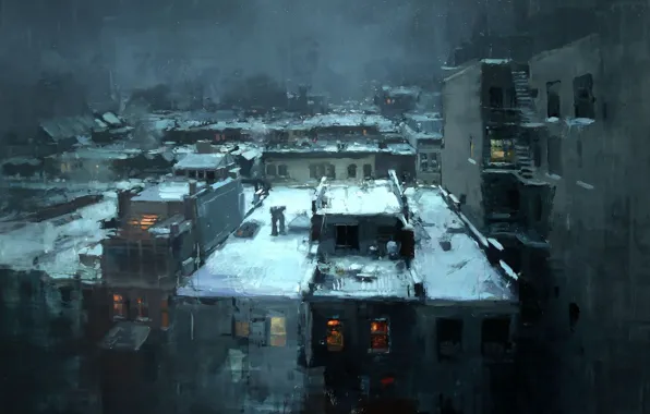 Картинка снег, крыши, noir, jeremy mann, rooftops in the snow, нуар город