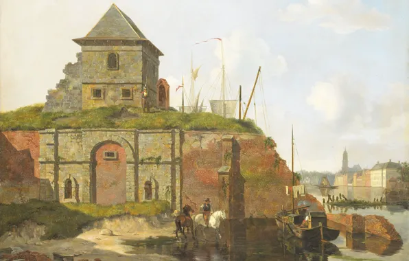 Масло, городской пейзаж, 1830, Carel Jacobus Behr, Городская стена с пороховым складом, Карел Якобус Бер