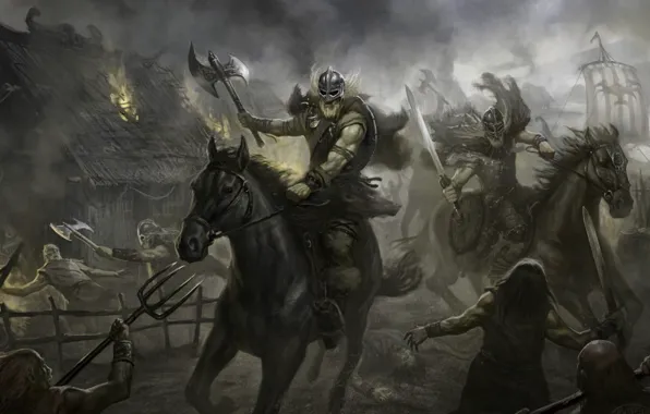 Картинка кони, лошади, битва, сражение, воины, резня, Викинги