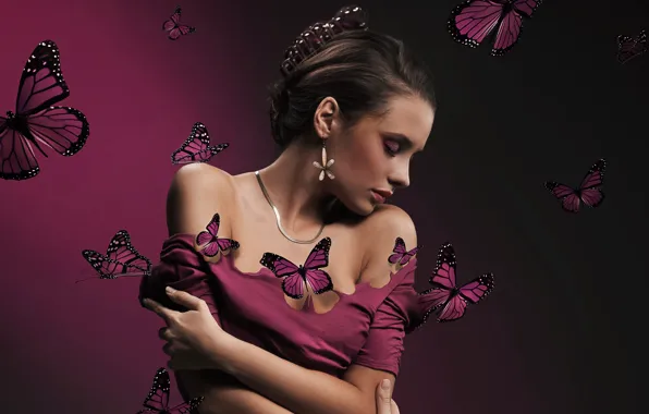 Бабочки, женщина, girl, beautiful, face, person, butterflies