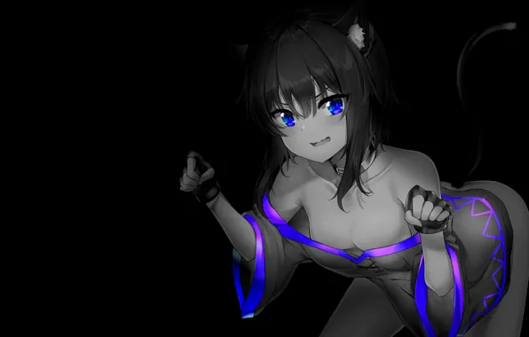 Темный фон, аниме, платье, декольте, anime, стойка, monochrome, монохромный
