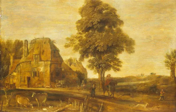 Масло, картина, Арт ван дер Нер, Aert van der Neer, 1639, Пейзаж с Постоялым Двором