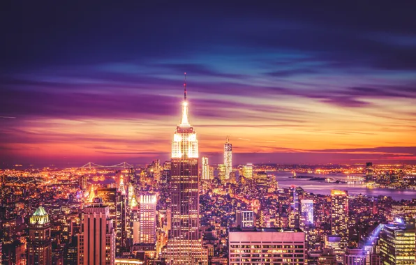 Картинка здания, Нью-Йорк, панорама, ночной город, Манхэттен, небоскрёбы, Manhattan, New York City