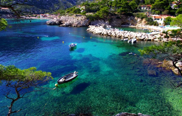 Море, деревья, камни, берег, Франция, лодки, Marseille