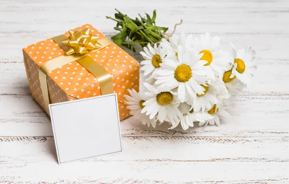 Картинка цветы, подарок, ромашки, wood, flowers, romantic, camomile, gift box