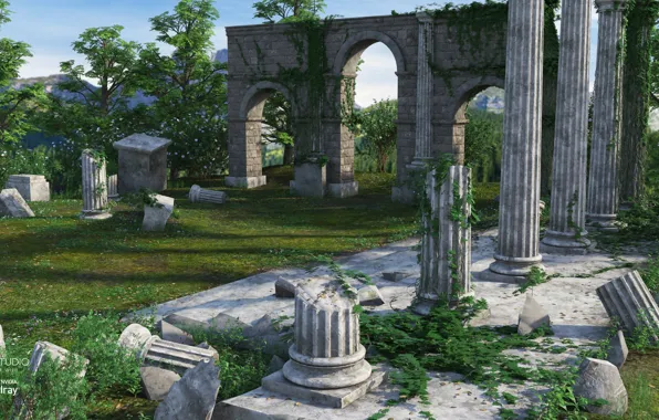 Деревья, развалины, колонны, руины, Ancient Ruins