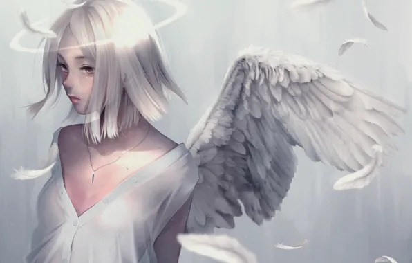 Girl, fantasy, anime, wings, feathers, Angel, digital art, artwork