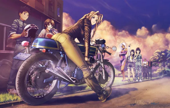 Картинка взгляд, закат, поза, улыбка, девушки, улица, мотоцикл, парни