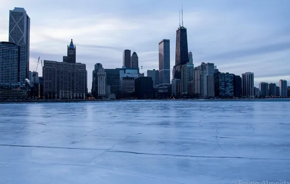 Картинка зима, снег, лёд, небоскребы, Чикаго, USA, Chicago, illinois