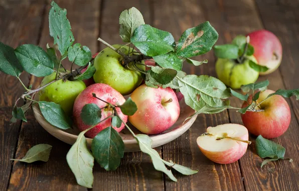 Картинка осень, листья, яблоки, тарелка, фрукты, Anna Verdina