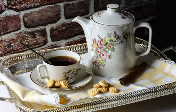 Чай, чайник, печенье, ложка, чаепитие, кружка, чашка, кирпичи