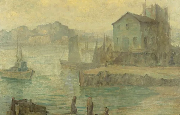 Пейзаж, дом, Maurice Braun, ЛОДКИ в ГАВАНИ, Морис Браун