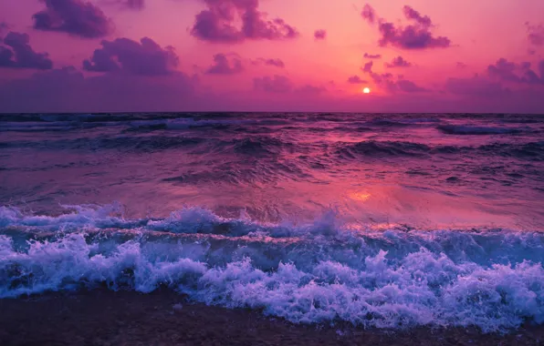 Картинка waves, sea, sunset