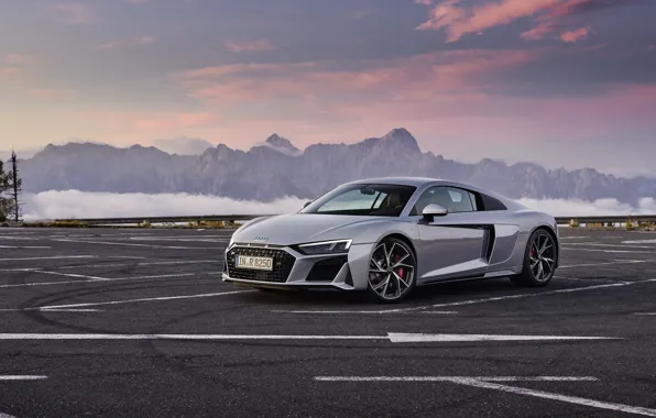 Закат, горы, Audi, парковка, суперкар, Audi R8, Coupe, V10