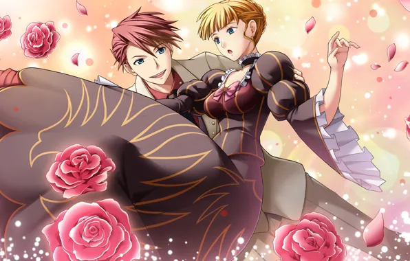 Девушка, цветы, арт, парень, двое, Umineko no Naku Koro ni