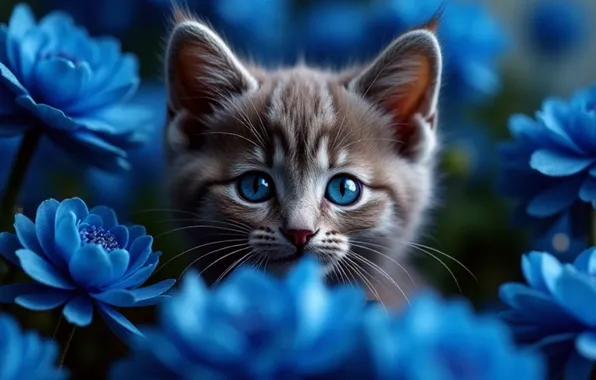 Кошка, глаза, кот, взгляд, цветы, поза, котенок, серый