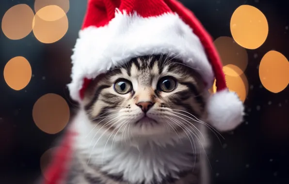 Кошка, взгляд, красный, огни, поза, темный фон, котенок, серый