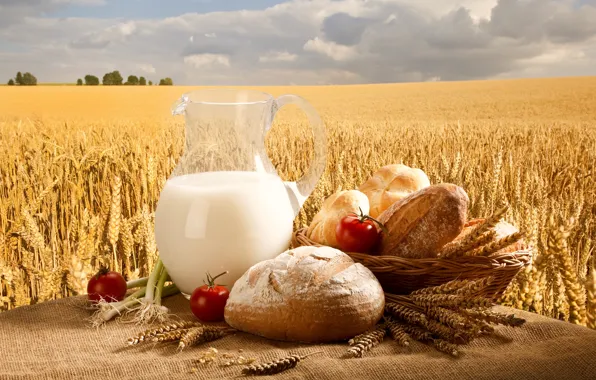 Картинка пшеница, поле, небо, корзина, молоко, лук, хлеб, кувшин