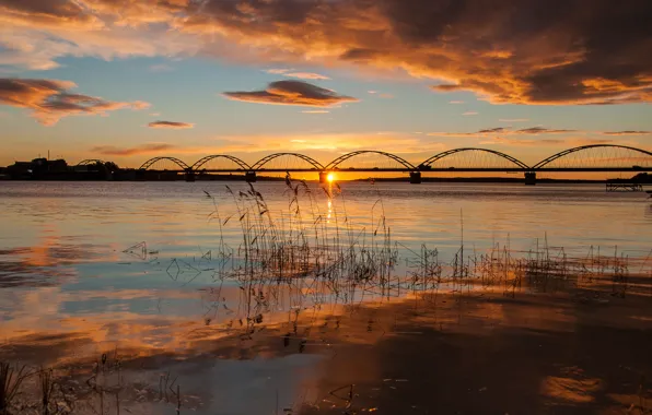 Картинка осень, небо, вода, солнце, облака, свет, мост, утро